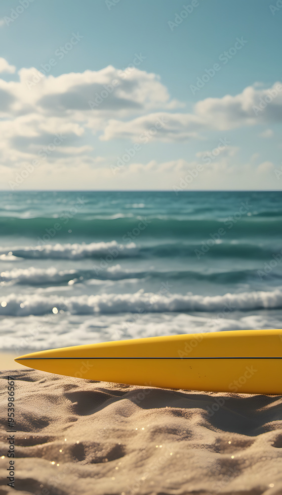 A vibrant surfboard with a blue and yellow design resting on a sandy beach, with gentle waves lapping at the shore under a clear sky. A vibrant surfboard with a blue and yellow design resting on a sandy beach, with gentle waves lapping at the shore under a clear sky.