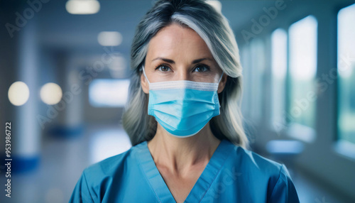 A headshot of a nurse in scrubs and a surgical mask, with a softly blurred hospital or clinic background. The nurse’s expression is caring and attentive, reflecting their role in patient care.