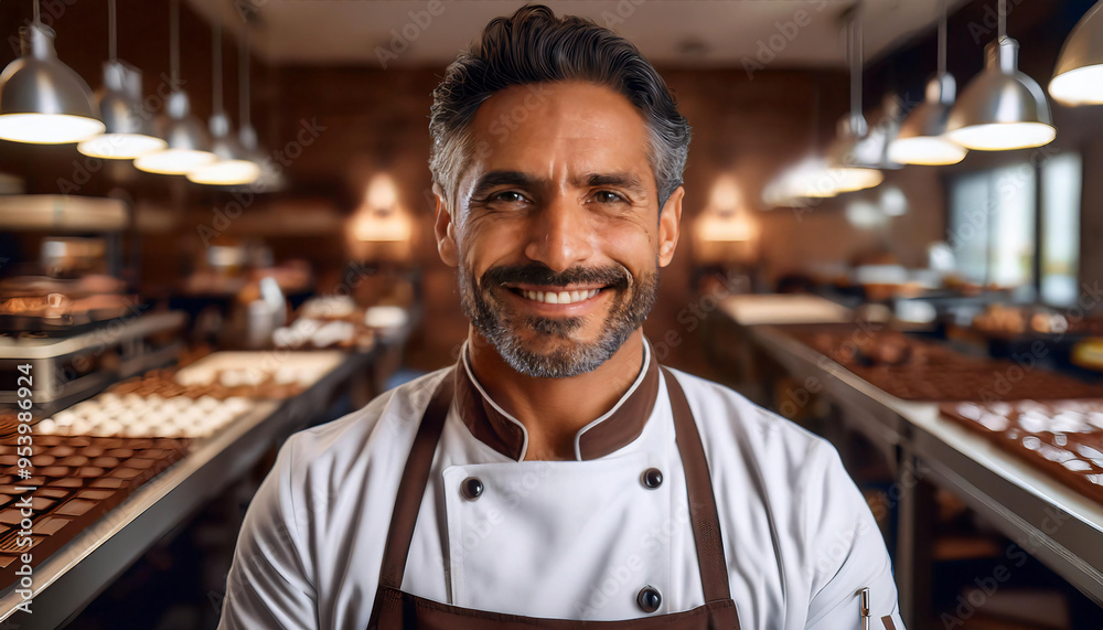 A headshot of a professional chocolatier in a chef’s jacket, with chocolate-making tools and a background of a softly blurred chocolate workshop. A headshot of a professional chocolatier in a chef’s jacket, with chocolate-making tools and a background of a softly blurred chocolate workshop.