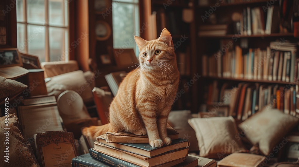 A ginger cat sits on a stack of books in a library. Study. A ginger cat sits on a stack of books in a library. Study.