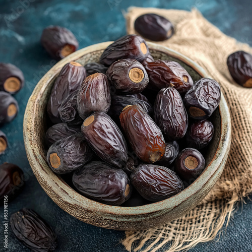 Getrocknete Datteln in einer stilvollen Präsentation. Perfekt für gesunde Snacks oder als Zutat in verschiedenen Gerichten. Lecker und nahrhaft photo