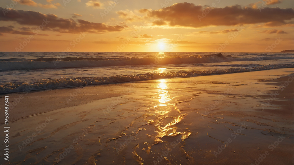 The beautifull scene of an image of sunset at beach reflective sand and golden light of sun reflacting on the sea water. The beautifull scene of an image of sunset at beach reflective sand and golden light of sun reflacting on the sea water.