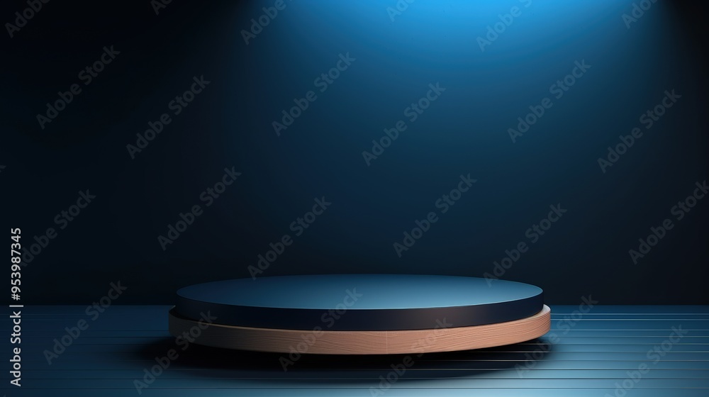 A minimalist circular platform illuminated by a soft blue light, creating a dramatic stage effect. A minimalist circular platform illuminated by a soft blue light, creating a dramatic stage effect.