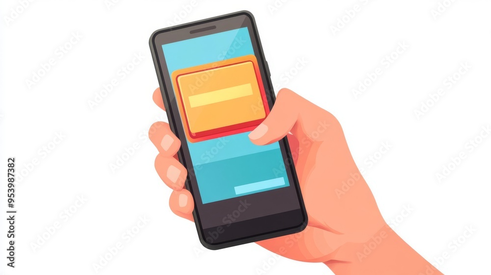 Illustration of a hand holding a smartphone with a highlighted app button on the screen, symbolizing mobile app interaction. Illustration of a hand holding a smartphone with a highlighted app button on the screen, symbolizing mobile app interaction.