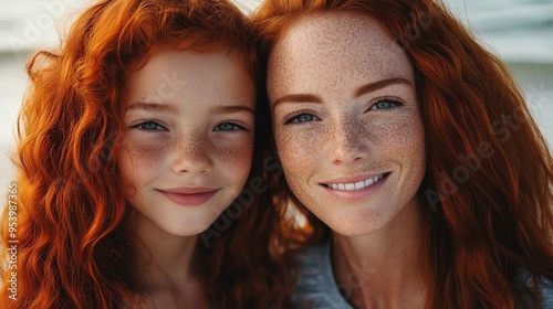 World Redhead Day. Mother and daughter with red hair and freckles on the sea background. Mother's Day. Children and parents.