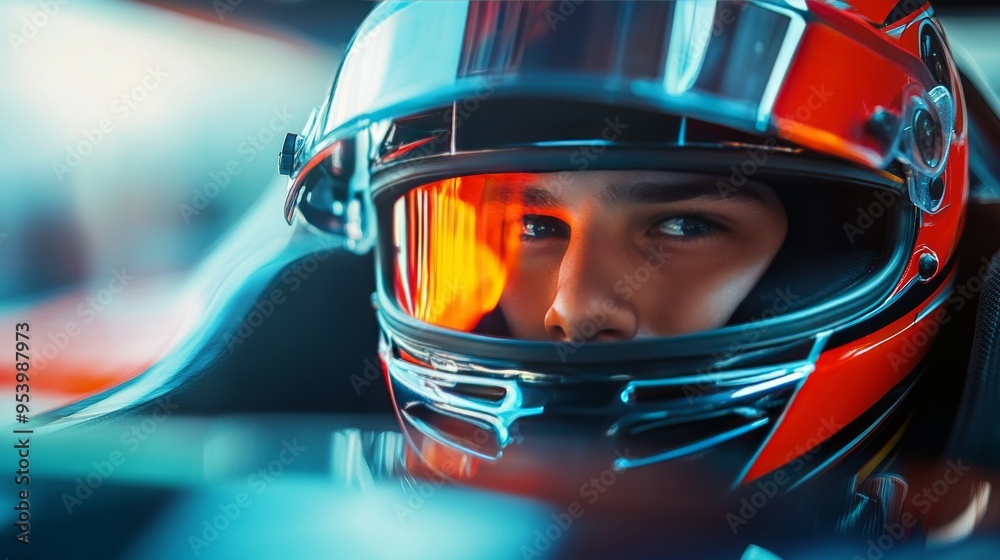 A race car driver focused and intense inside the car, the speed of the race evident in the blurred background and reflections on the visor A race car driver focused and intense inside the car, the speed of the race evident in the blurred background and reflections on the visor