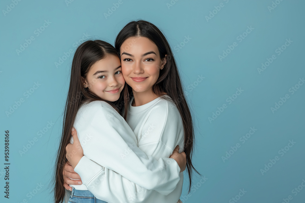 A mother and daughter hugging, smiling and looking at the camera. A mother and daughter hugging, smiling and looking at the camera.