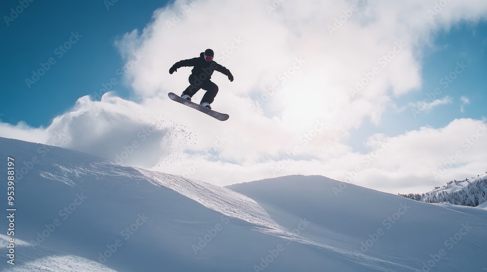 A snowboarder catching air off a jump, captured with the snowy landscape in the background and the motion of the trick emphasized A snowboarder catching air off a jump, captured with the snowy landscape in the background and the motion of the trick emphasized