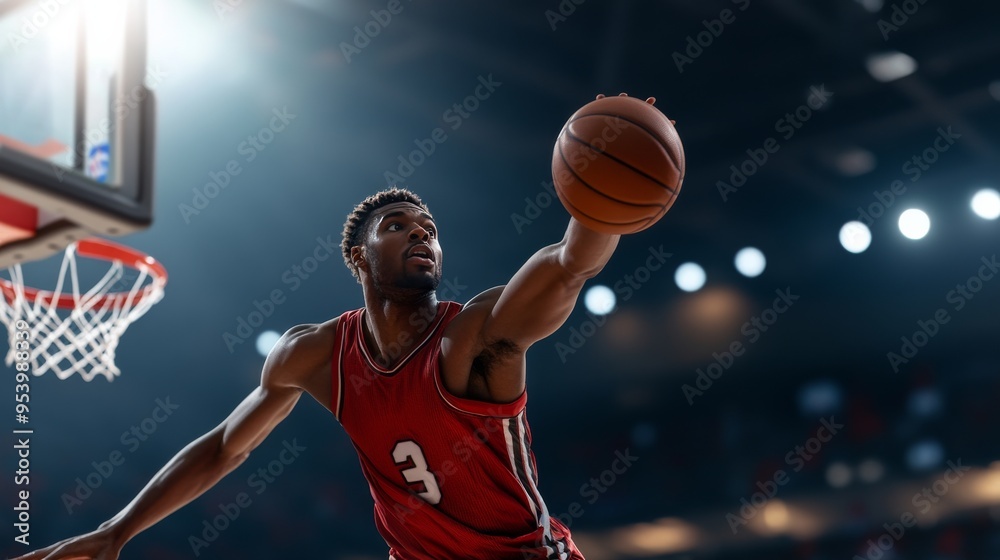 Naklejka premium A basketball player in mid-shot, the ball leaving their hands