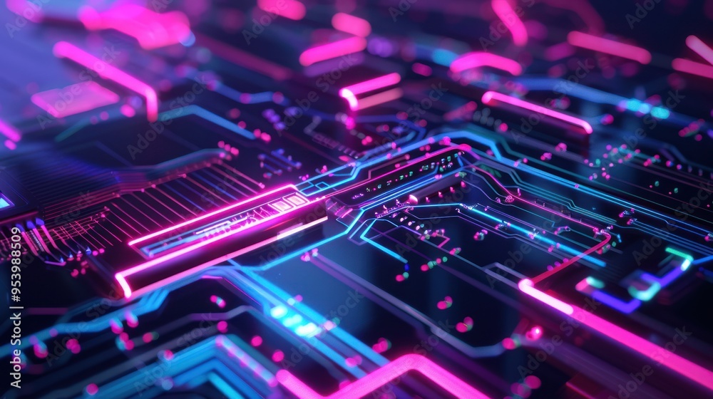 Abstract Circuit Board with Glowing Neon Lines Abstract Circuit Board with Glowing Neon Lines