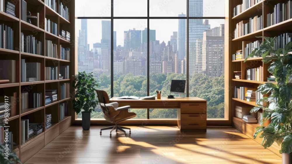 Fototapeta premium minimalist home office with a large window overlooking a city skyline. There is a wooden desk with a notebook and a pen on it