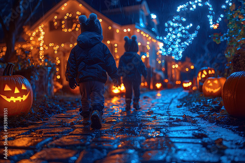 Children out for trick or treating, Halloween photo
