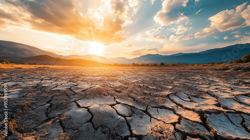 Dry Cracked Earth at Sunset