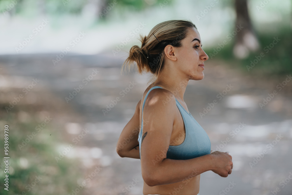 Side profile of a woman jogging in the park, showcasing her fitness journey and focus on a healthy lifestyle. Side profile of a woman jogging in the park, showcasing her fitness journey and focus on a healthy lifestyle.