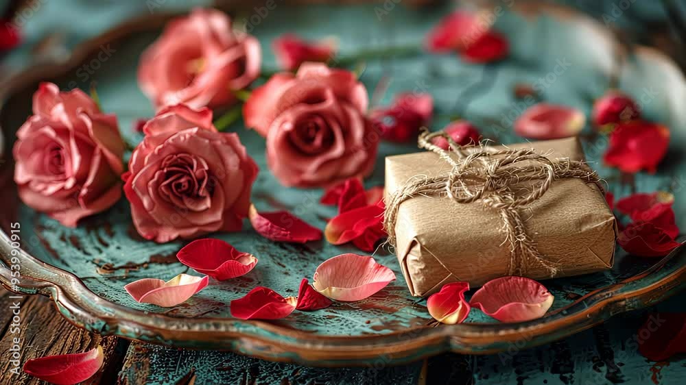 Gift box and roses with petals on a decorative tray, romantic setting. Celebration and romance concept Gift box and roses with petals on a decorative tray, romantic setting. Celebration and romance concept