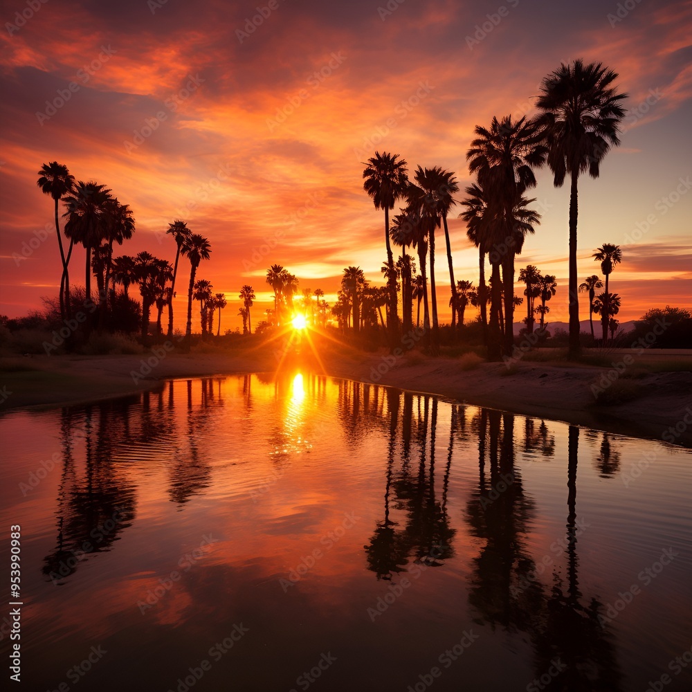 Obraz premium a sunset over a body of river water with palm trees. 