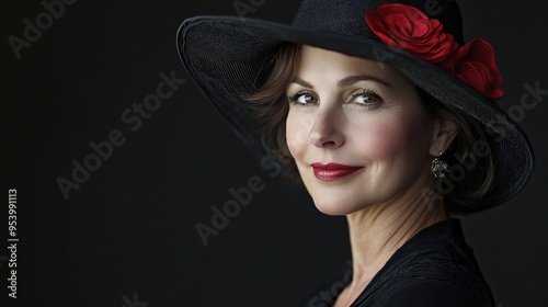 portrait of an elegant, smiling middle aged woman wearing subtle makeup and a hat, 8k high resolution