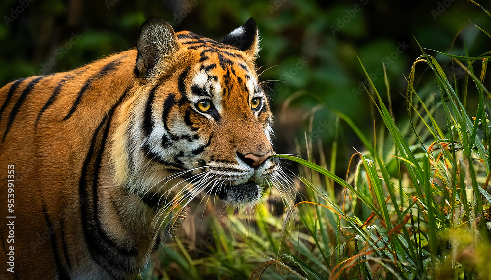 Fototapeta premium Tiger Stalking Through Jungle Foliage