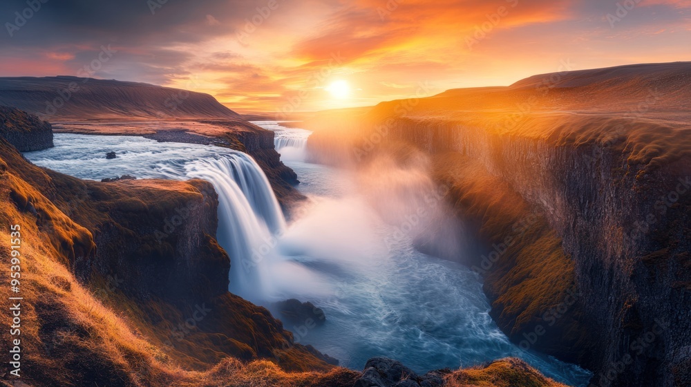 Sunset Over Dramatic Waterfall in Iceland Sunset Over Dramatic Waterfall in Iceland