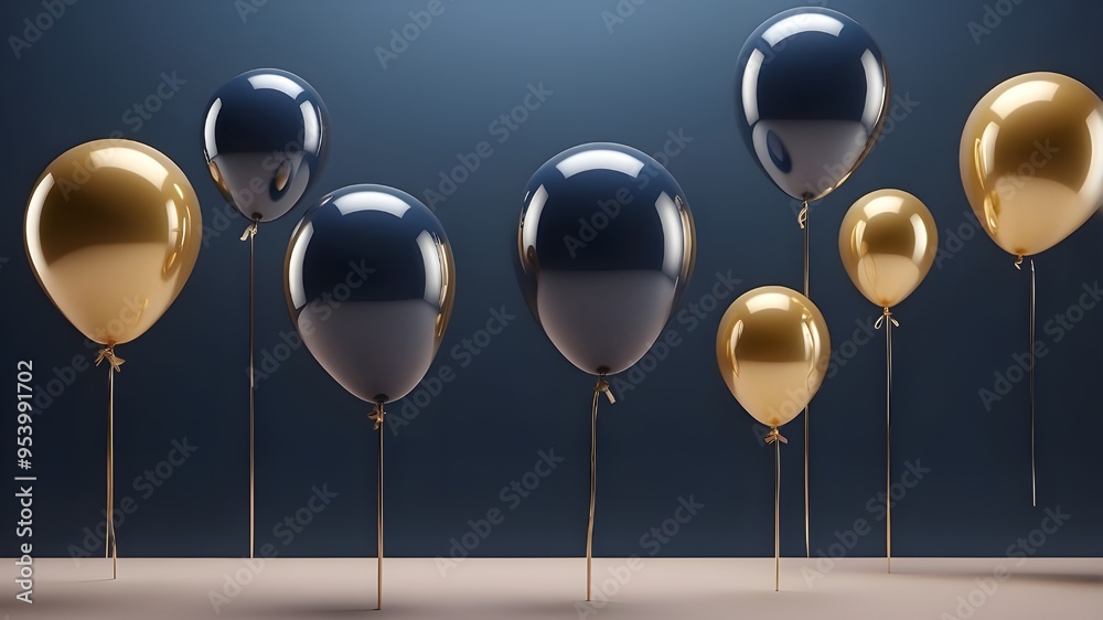 Set of 3d render flying balloons on stick. dark blue and gold ...
