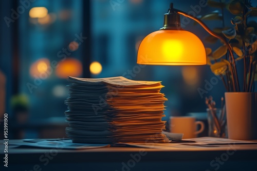 A close-up shot of a large stack of papers on a wooden desk illuminated by a warm, vintage desk lamp in a dimly lit office.  photo