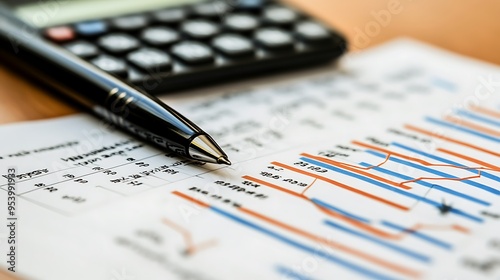 Close-up of Pen on a Spreadsheet with Financial Charts and Calculator in the Background photo