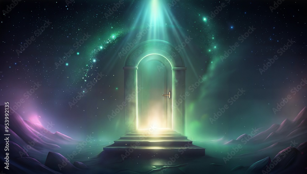 Mystical glowing doorway in a cosmic landscape, digital fantasy art