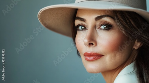 portrait of an elegant middle aged woman wearing subtle makeup and a hat, 8k high resolution