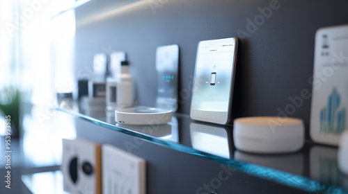 A shelf with a white device on it and other white devices on the shelf