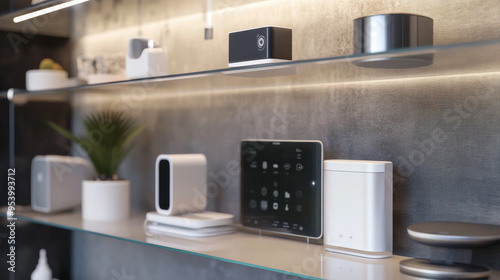 A shelf with a variety of electronic devices, including a tablet, a laptop