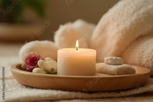 pt. Candle, spa and relax with natural aromatherapy treatment in a room for luxury or wellness on wooden tray