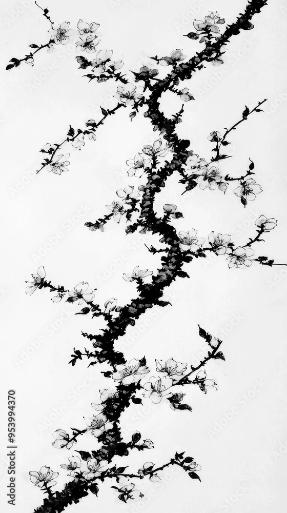 Fototapeta premium Black Ink Cherry Blossom Branch Illustration