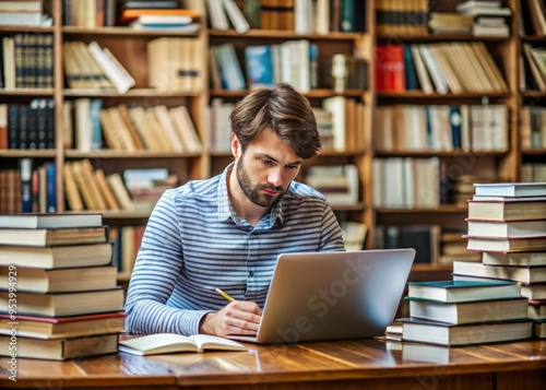 A studious young adult surrounded by stacks of open books and scattered papers, intensely researching and writing notes photo