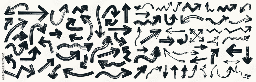Big set of chalk pencil, brush stroke arrows. Template grunge texture chalk pointers, hand drawn black abstract shapes of different sizes. Collection of rough charcoal arrows flat vector illustration. Big set of chalk pencil, brush stroke arrows. Template grunge texture chalk pointers, hand drawn black abstract shapes of different sizes. Collection of rough charcoal arrows flat vector illustration.