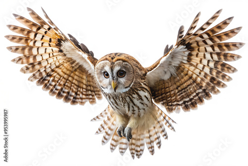 Tawny owl flying isolated on white background as transparent. PNG. AI GENERATED