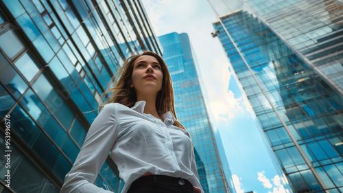 Portrait of a caucassian businesswoman and highrise buildings on the background photo