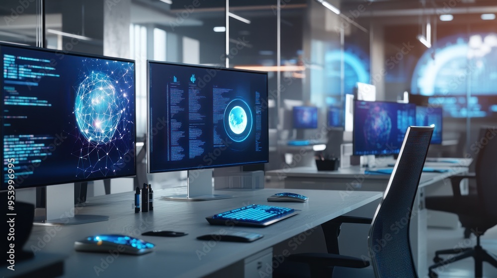 futuristic modern office desk and computer monitor displaying data, ultra-thin screen with holographic interface futuristic modern office desk and computer monitor displaying data, ultra-thin screen with holographic interface