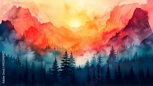 Vibrant sunset over misty mountains, watercolor illustration. Artistic landscape and serenity concept