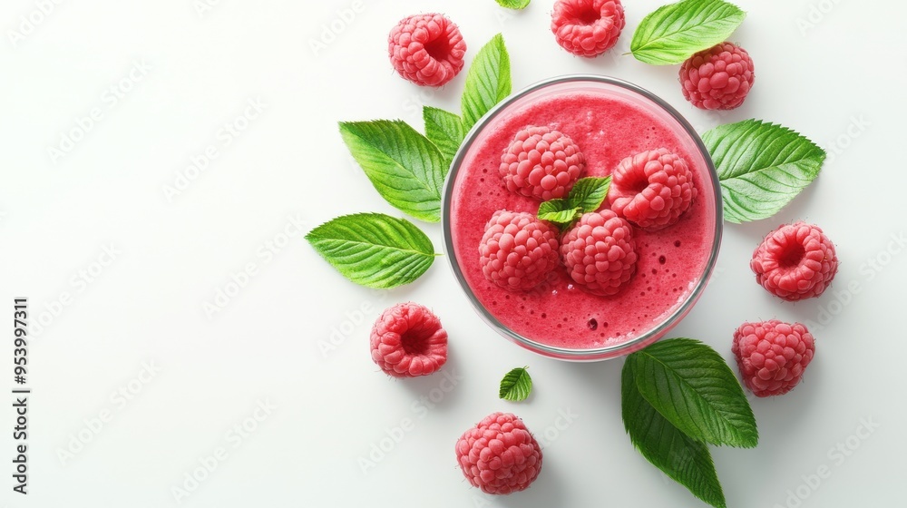 Raspberry smoothie with fresh raspberries and leaves.