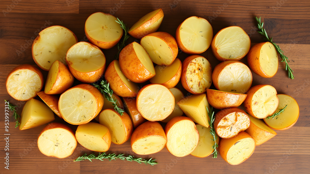 Flat lay of garlic and thyme infused roasted potatoes on wooden surface. Generative AI Flat lay of garlic and thyme infused roasted potatoes on wooden surface. Generative AI