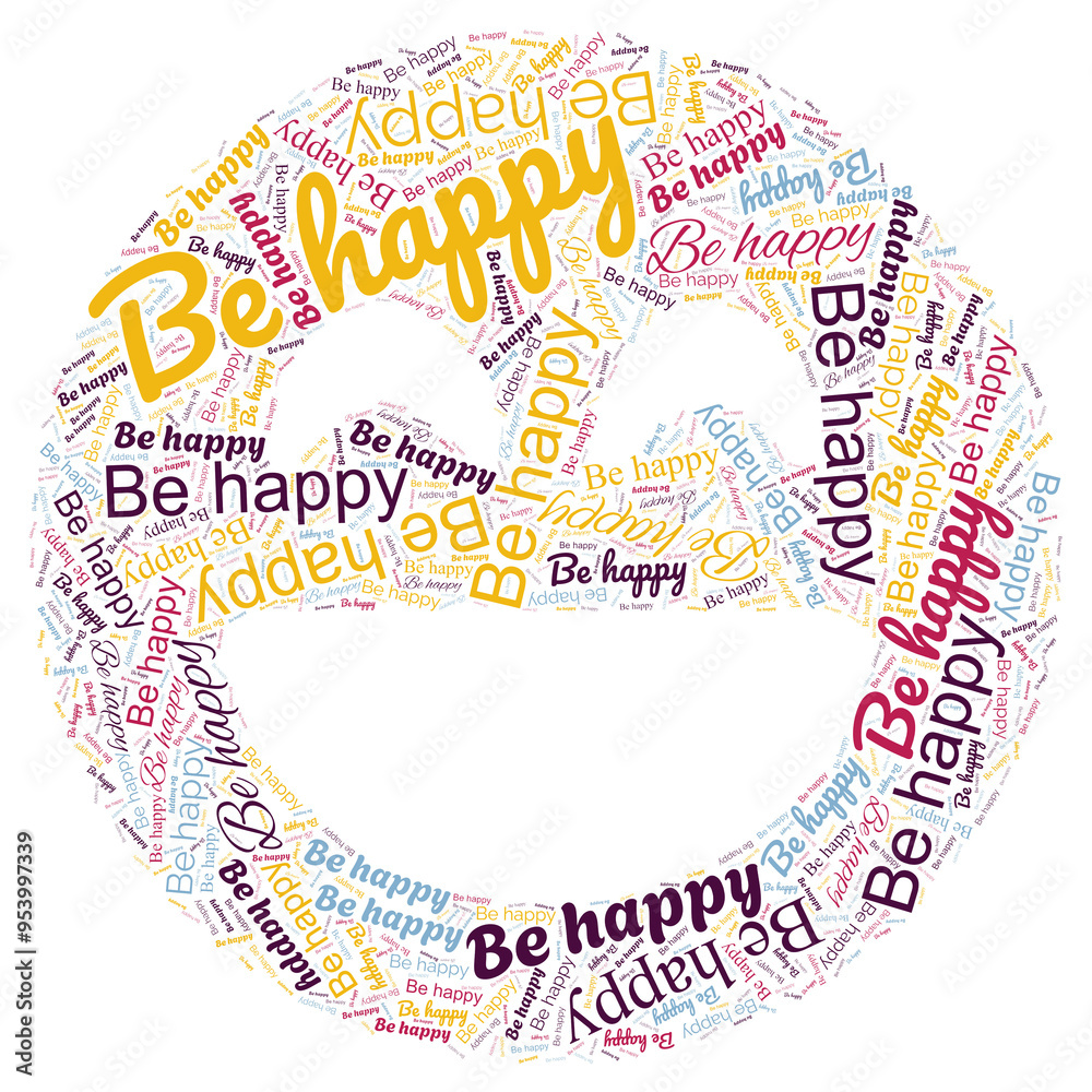 Żółty emotikon z napisem 'Be happy' na białym tle