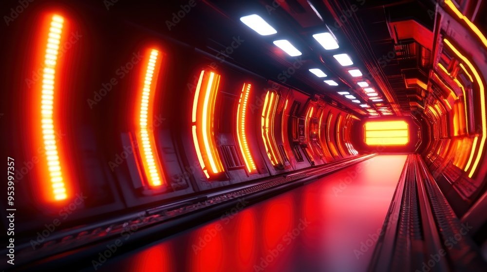A dark tunnel environment lit by laser lights, featuring metal panels, and futuristic neon lighting depicting a cyber hangar with glowing red and yellow tubes A dark tunnel environment lit by laser lights, featuring metal panels, and futuristic neon lighting depicting a cyber hangar with glowing red and yellow tubes