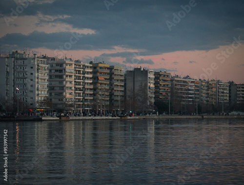 Greece view buildings sea sunset