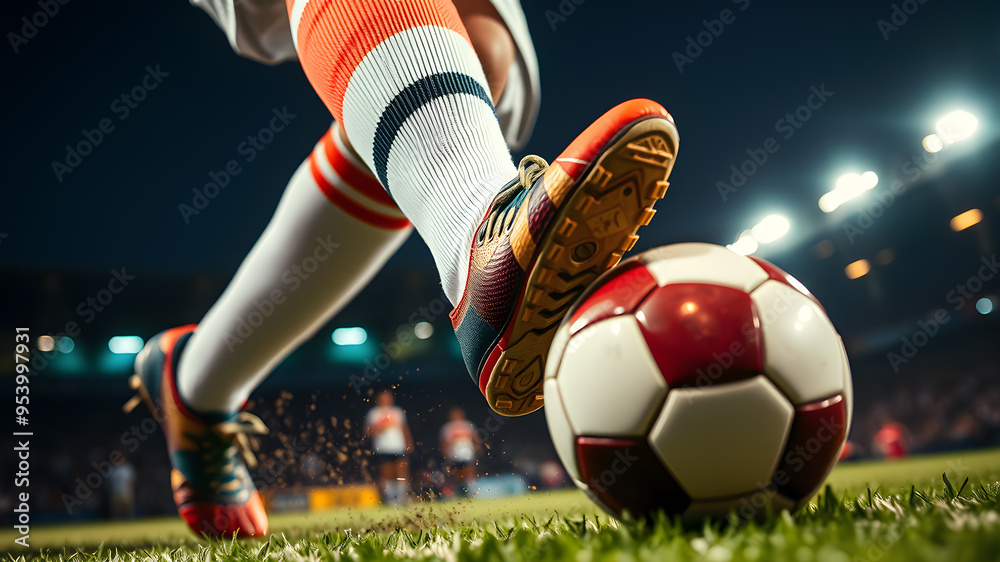 Football scene at night match with close up of a soccer shoe hitting the ball with power. Generative AI Football scene at night match with close up of a soccer shoe hitting the ball with power. Generative AI