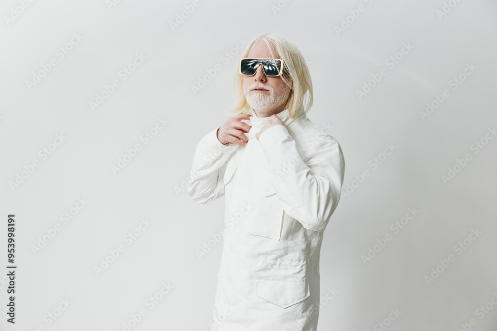 futuristic fashion, stylish man, white outfit, sunglasses, modern look, creative concept, minimalistic background, sleek design, contemporary style, innovative attire futuristic fashion, stylish man, white outfit, sunglasses, modern look, creative concept, minimalistic background, sleek design, contemporary style, innovative attire