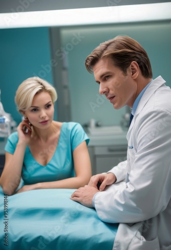 A doctor discusses treatment options with a female patient in a clinical setting, providing professional medical advice.