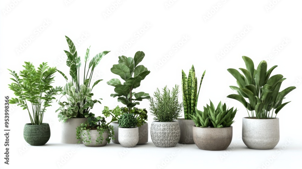 Collection of potted plants on white background.