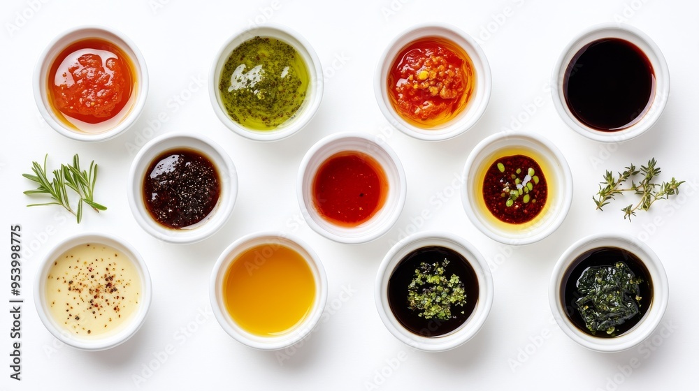 Assortment of Dips and Sauces in Small White Bowls. Assortment of Dips and Sauces in Small White Bowls.
