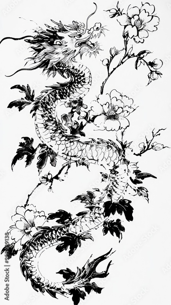 Fototapeta premium Black Ink Dragon with Flowers