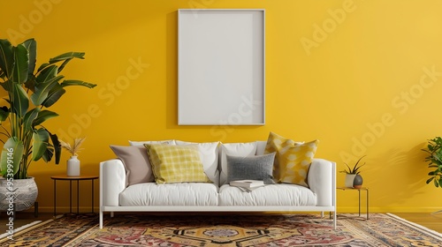 Fototapeta Naklejka Na Ścianę i Meble -  White poster frame mockup in Living Room white Sofa and yellow wall, potted plant